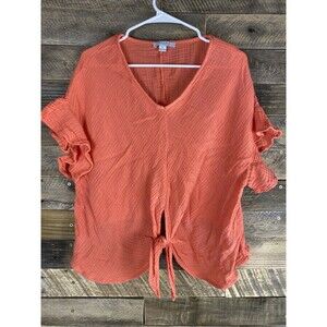 Fablux Fashion Womans Plus Sz L Orange Gauzy Tie Front Flutter Sleeve Crop Top